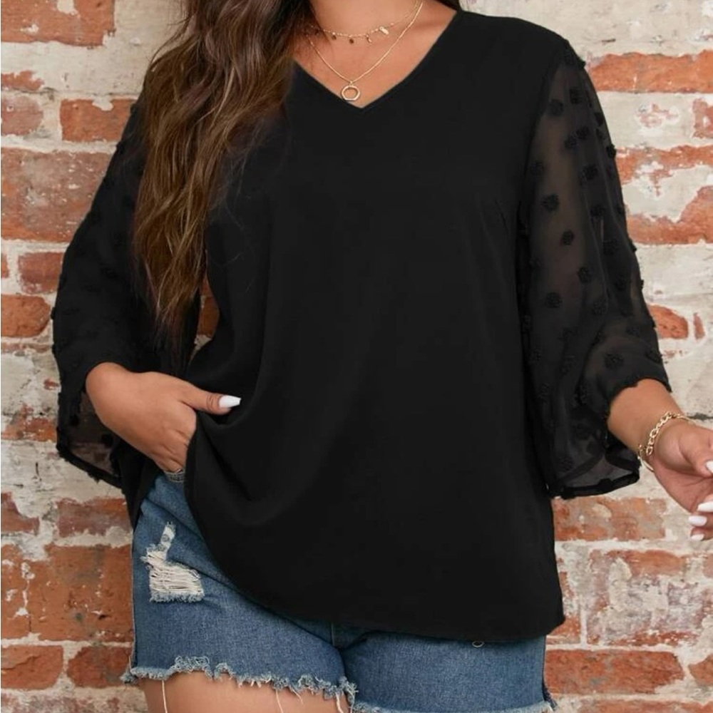 Plus size dusty pink Swiss dot sleeve V neck blouse - Picture 10 of 16